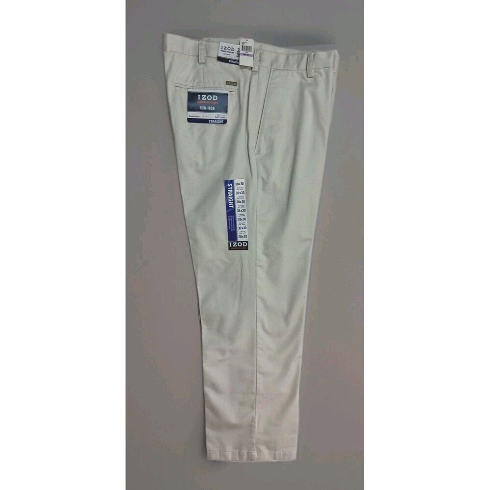 IZOD Pants Mens 38x30 Khaki Tan Regular Fit Stretch Chino Neutral Office Preppy
